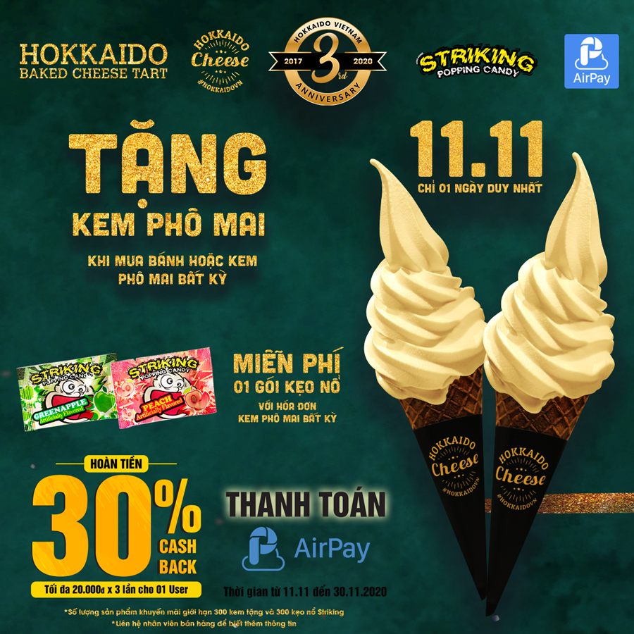 HOKKAIDO BAKED CHEESE TART OFFERS FREE ICE-CREAM, TOPPING AND CASHBACK 30%