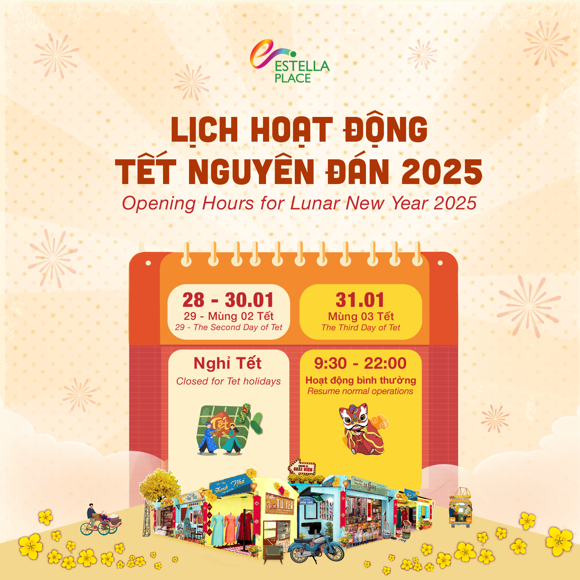 🎉LỊCH HOẠT ĐỘNG TẾT NGUYÊN ĐÁN 2025 – TTTM ESTELLA PLACE